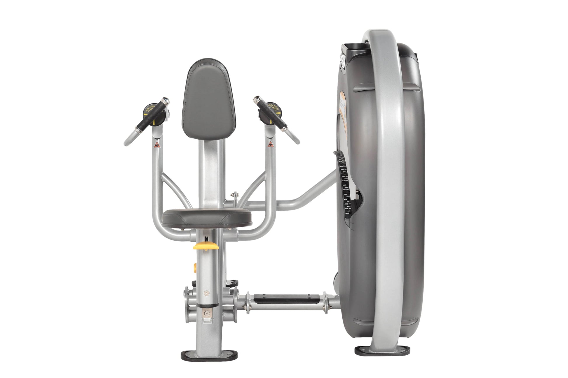 Hoist Mid Row exercise machine with silver frame, black padded seat and backrest, dual handles with gold accents, and large g