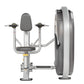 Hoist mid row exercise machine with gray padded seat and backrest, dual weight stacks, and silver metal frame on white backgr