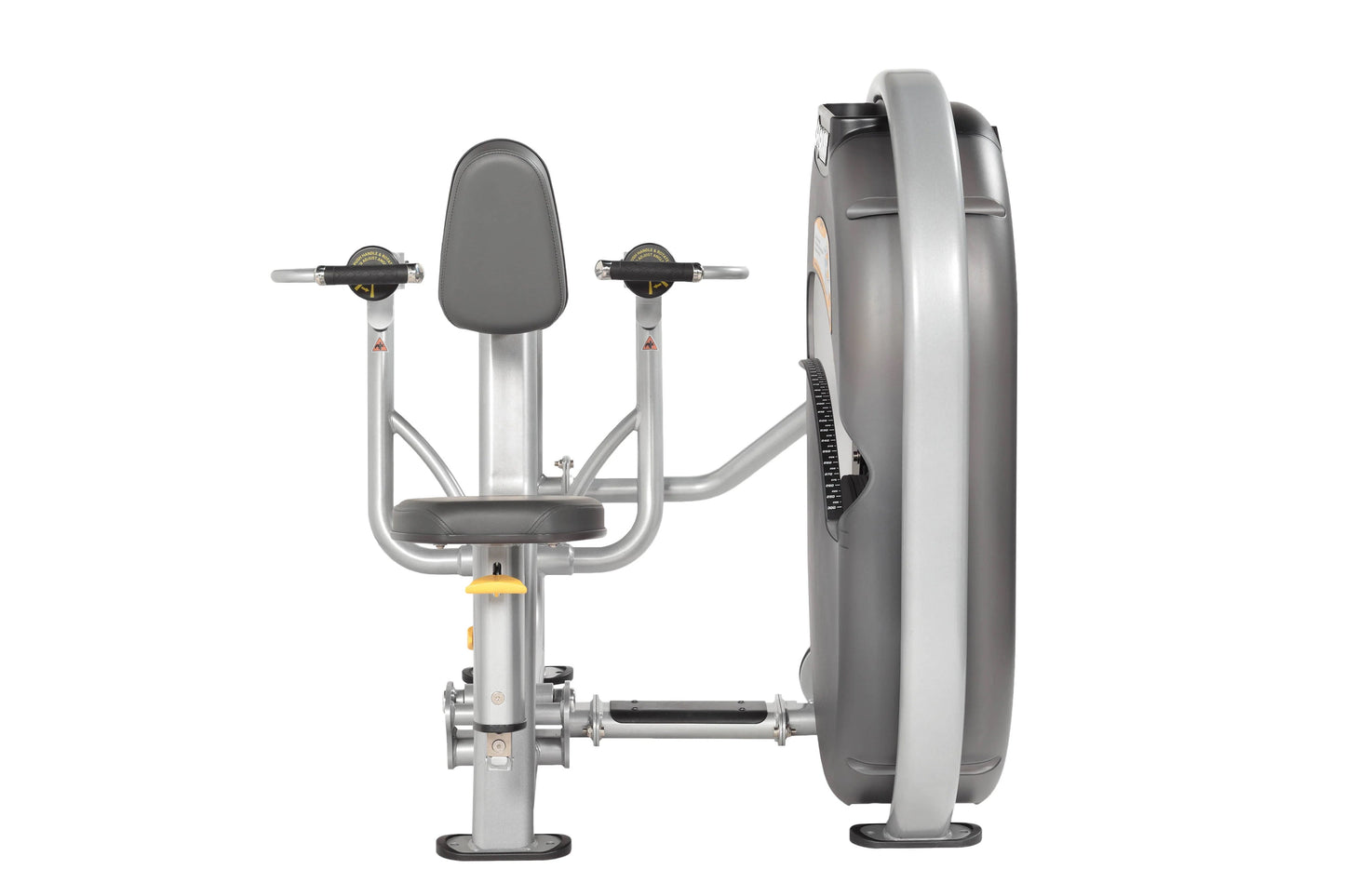 Hoist mid row exercise machine with gray padded seat and backrest, dual weight stacks, and silver metal frame on white backgr