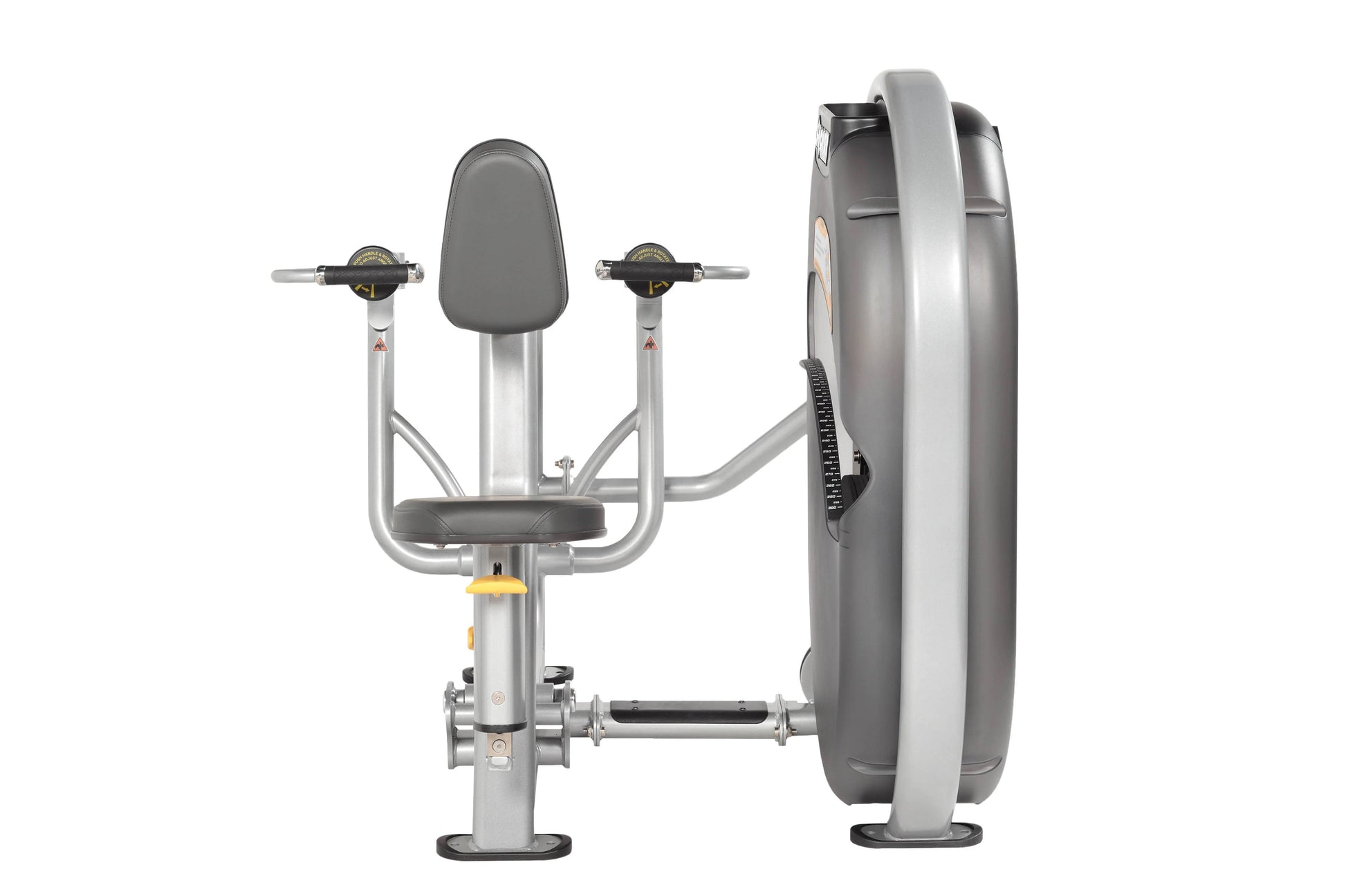 Hoist mid row exercise machine with gray padded seat and backrest, dual weight stacks, and silver metal frame on white backgr