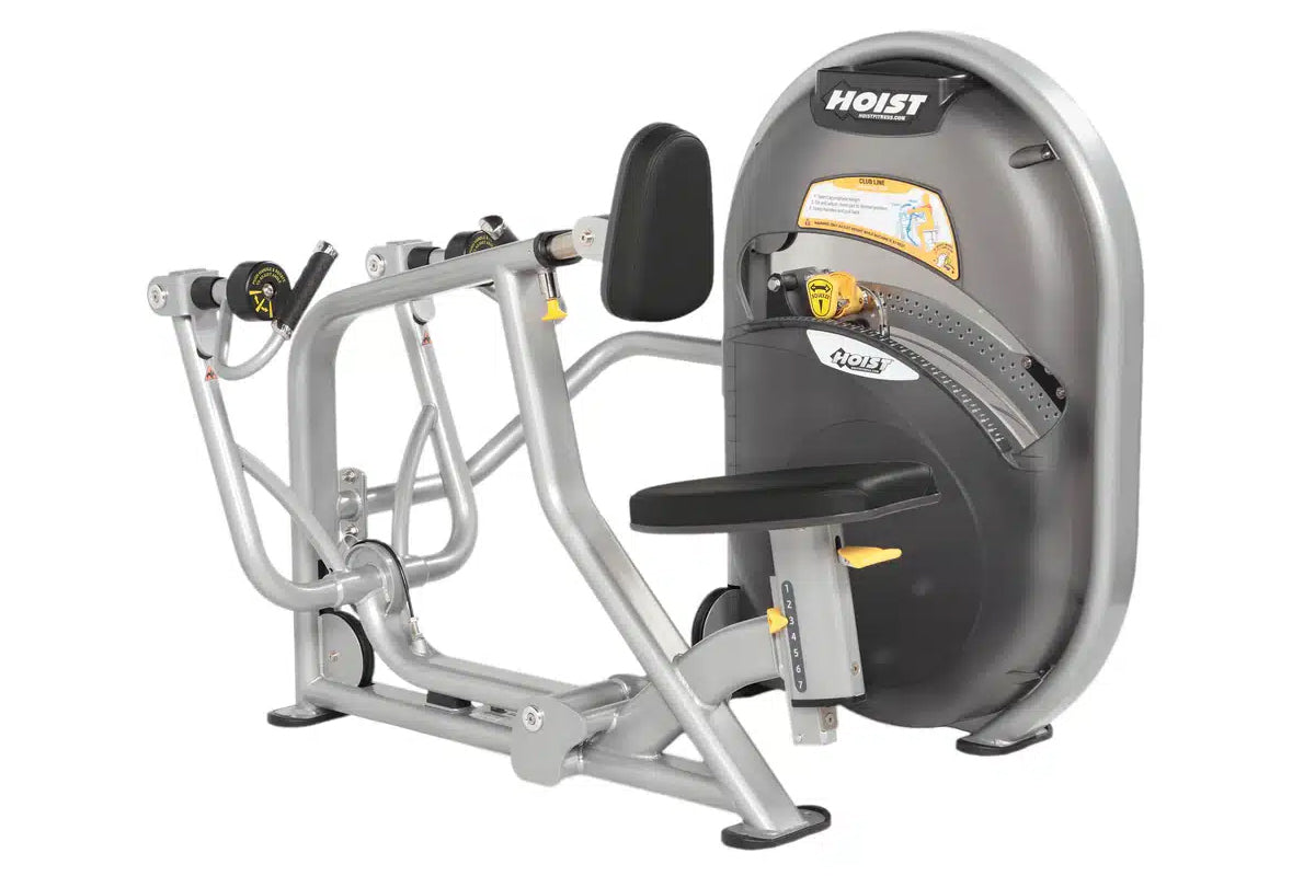 Hoist Mid Row CL-3203 commercial chest exercise machine with silver frame and black padded seat, shown on white background