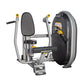 Hoist Chest Press machine with gray steel frame, black padded seat and backrest, yellow handles, and large black weight plate