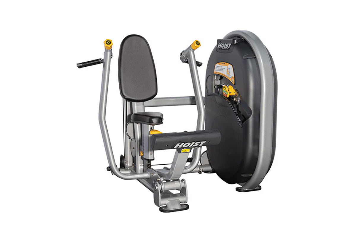 Hoist Chest Press machine with gray steel frame, black padded seat and backrest, yellow handles, and large black weight plate
