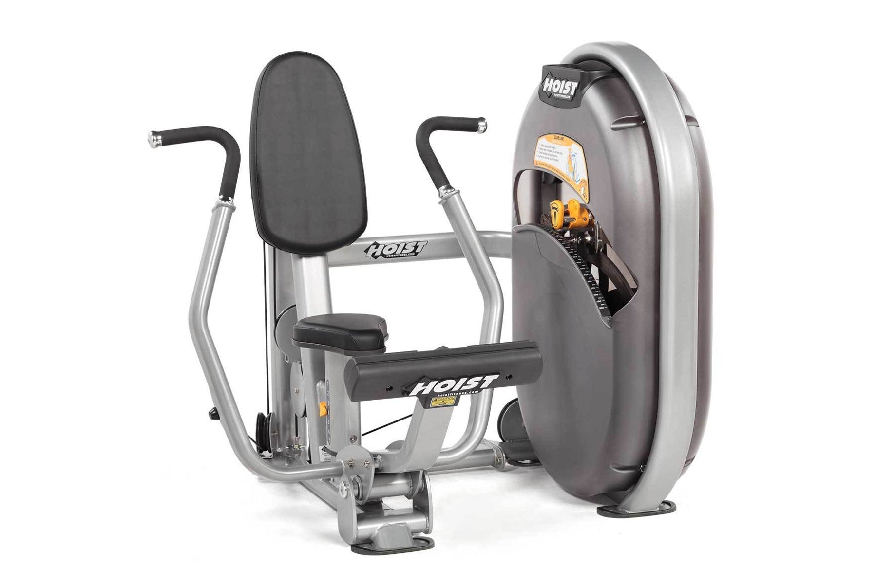 Hoist Chest Press CL-3301 commercial gym equipment with silver frame, black seat back, and gray weighted machine on white bac