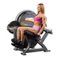 Woman in pink sports bra and shorts seated on Hoist leg extension machine with gray and black frame, shown on white backgroun