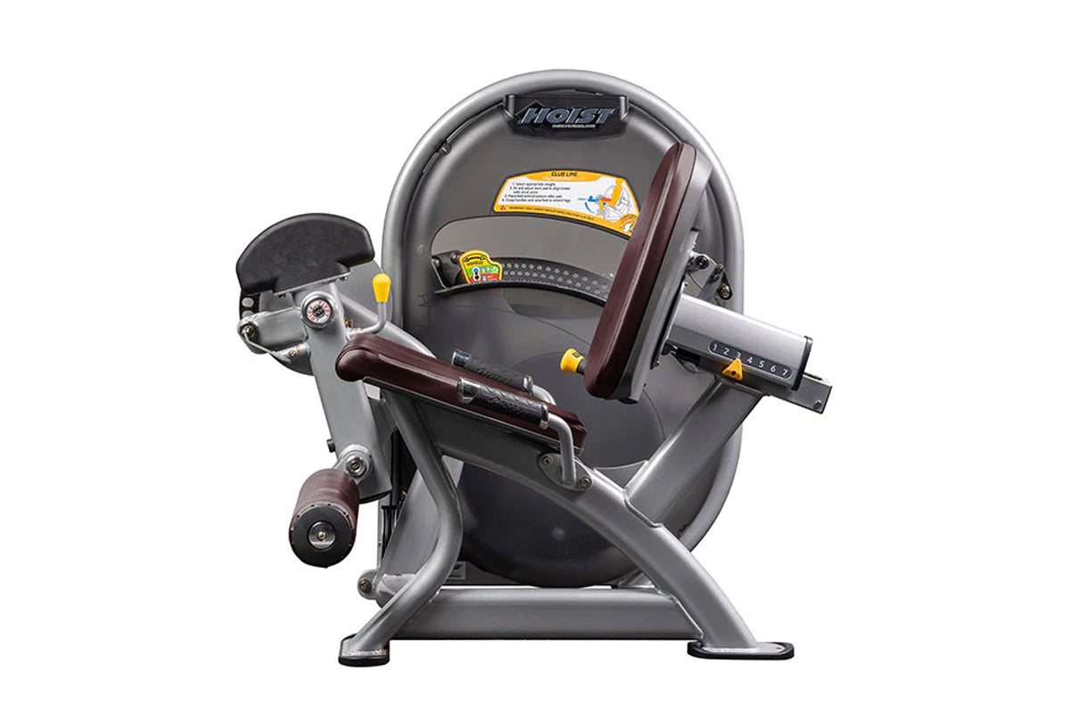 Hoist Club Line leg extension machine with gray frame, black padded seat and backrest, burgundy handles, and yellow safety in