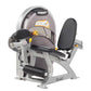 Hoist Club Line leg extension machine with gray and black upholstered seat, yellow accents, and adjustable footrest on white 