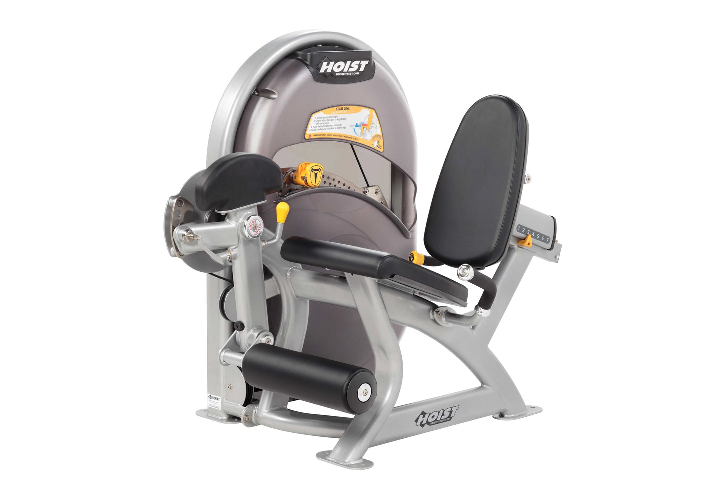 Hoist Club Line leg extension machine with gray and black upholstered seat, yellow accents, and adjustable footrest on white 