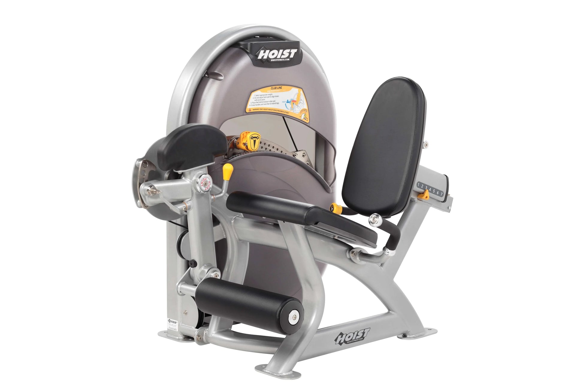 Hoist Club Line leg extension machine with gray and black upholstered seat, yellow accents, and adjustable footrest on white 