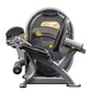 Hoist Club Line leg extension machine with gray padded seat, black footplate, and yellow accents, front view on white backgro