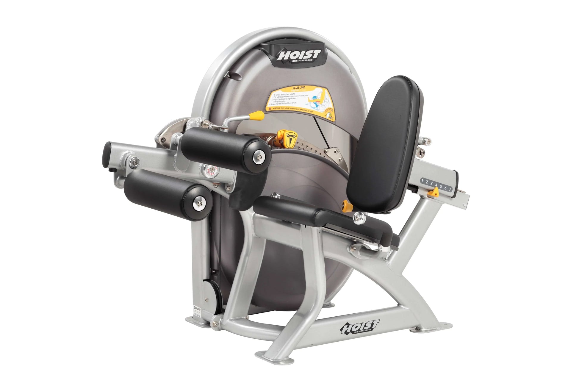 Hoist Club Line leg curl machine with gray metal frame, black padded seat and leg extension, dual black cylinders, and yellow
