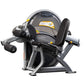 Hoist Club Line Leg Curl machine with gray metal frame, black padded seat, and leg extension attachments on white background