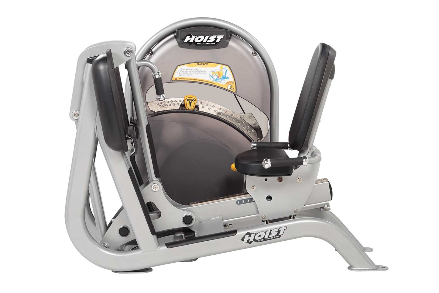 Hoist Leg Press CL-3403 with silver frame, black padded seat, and adjustable armrests on white background
