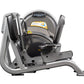 Hoist CL-3403 leg press machine with silver frame, black seat, and yellow and black safety labels on white background