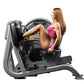 Hoist Leg Press CL-3403 exercise machine with gray frame and black seat, demonstrated by woman in pink sports bra