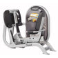 Hoist Leg Press machine with silver frame, black padded seat and backrest, dual foot pedals, and control panel on white backg