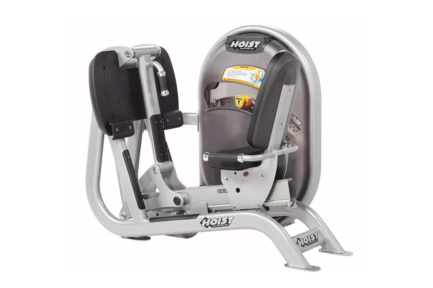 Hoist Leg Press machine with silver frame, black padded seat and backrest, dual foot pedals, and control panel on white backg