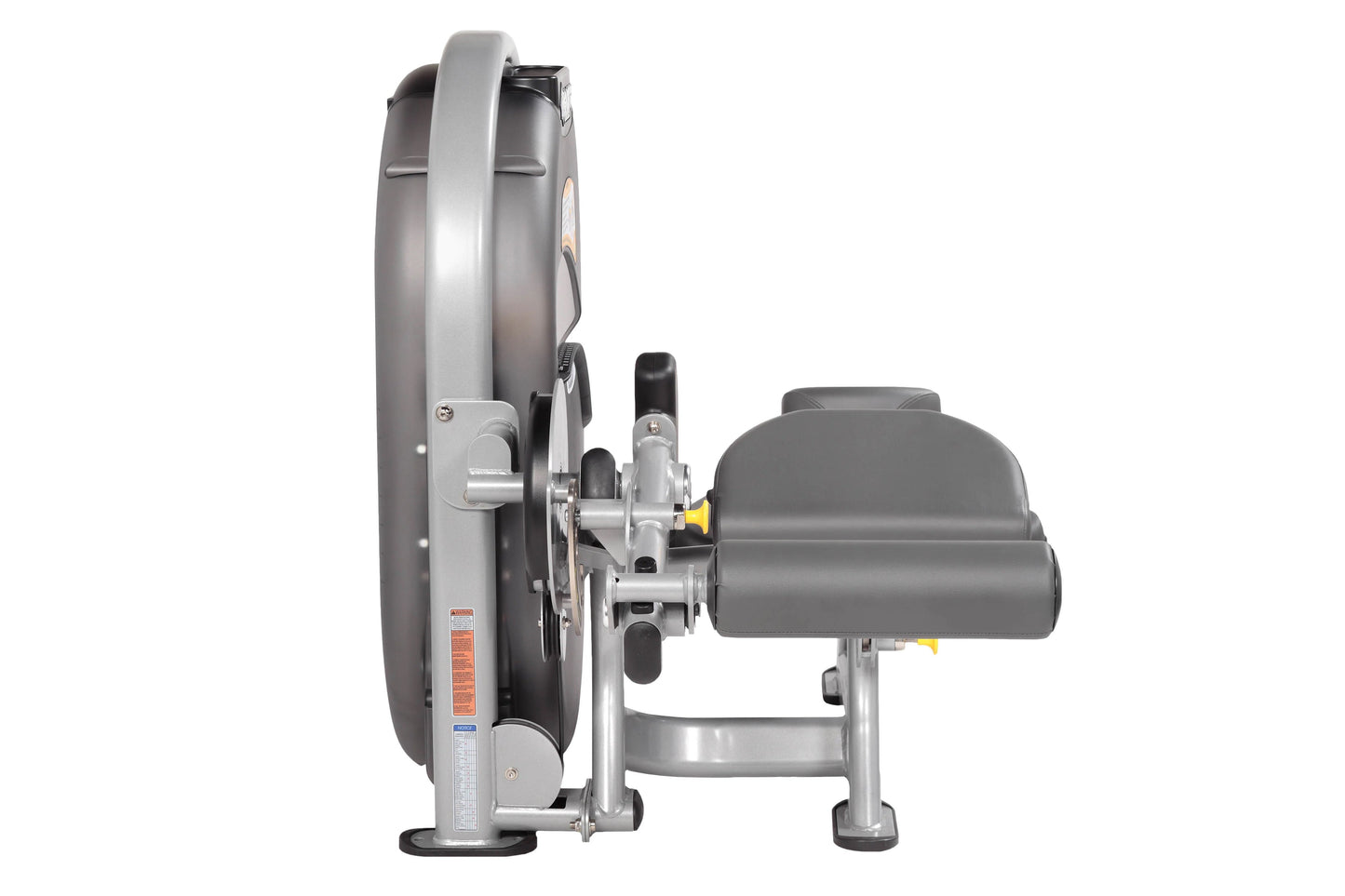 Hoist standing and prone leg curl machine with gray padded seat and footrest on white background