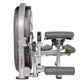 Hoist Standing Prone Leg Curl machine with gray metal frame, black padded seat and back support, large weight plate on left s