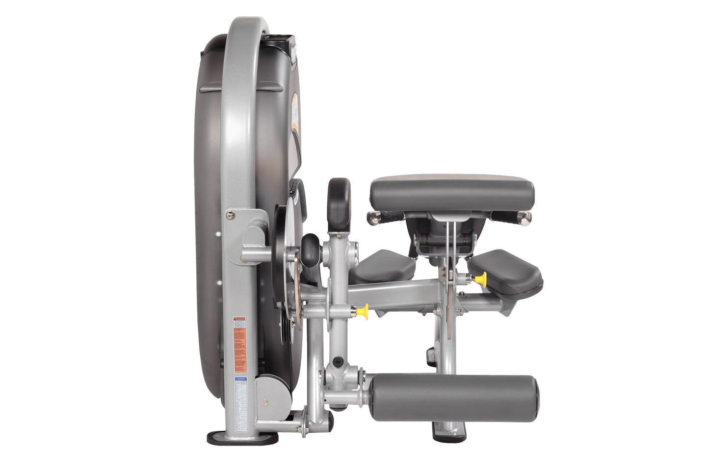 Hoist Standing Prone Leg Curl machine with gray metal frame, black padded seat and back support, large weight plate on left s