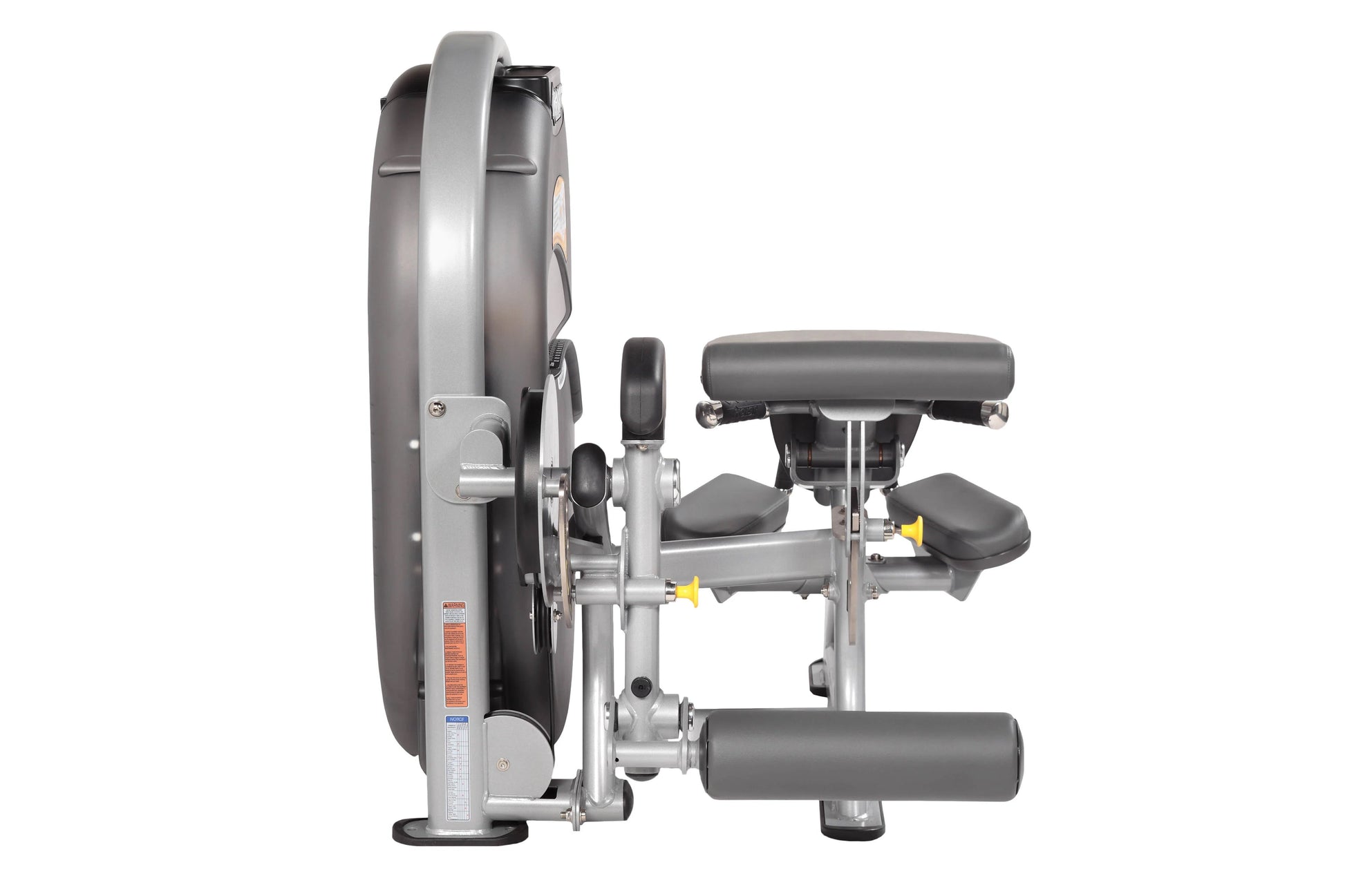 Hoist Standing Prone Leg Curl machine with gray metal frame, black padded seat and back support, large weight plate on left s