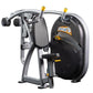 Hoist Club Line Shoulder Press machine with silver frame, black padded seat and handles, yellow adjustment knobs, on white ba