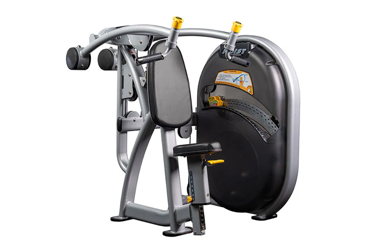 Hoist Club Line Shoulder Press machine with silver frame, black padded seat and handles, yellow adjustment knobs, on white ba