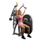 Hoist Club Line Shoulder Press machine with gray frame and yellow handles, demonstrated by model in pink sports bra and short