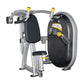 Hoist Club Line Shoulder Press machine with silver frame, black padded seat and back, yellow handles, on white background