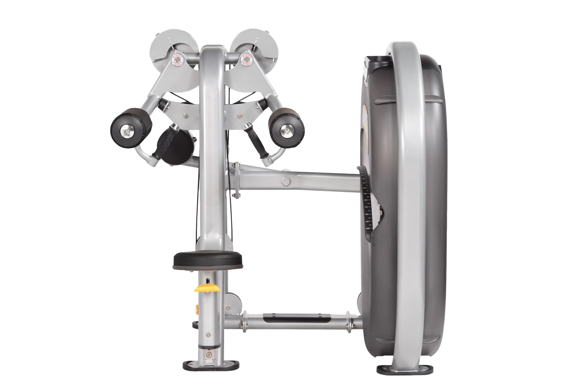 Hoist Lateral Raise CL-3502 exercise machine with silver frame, black seat, and dual weight stacks on white background