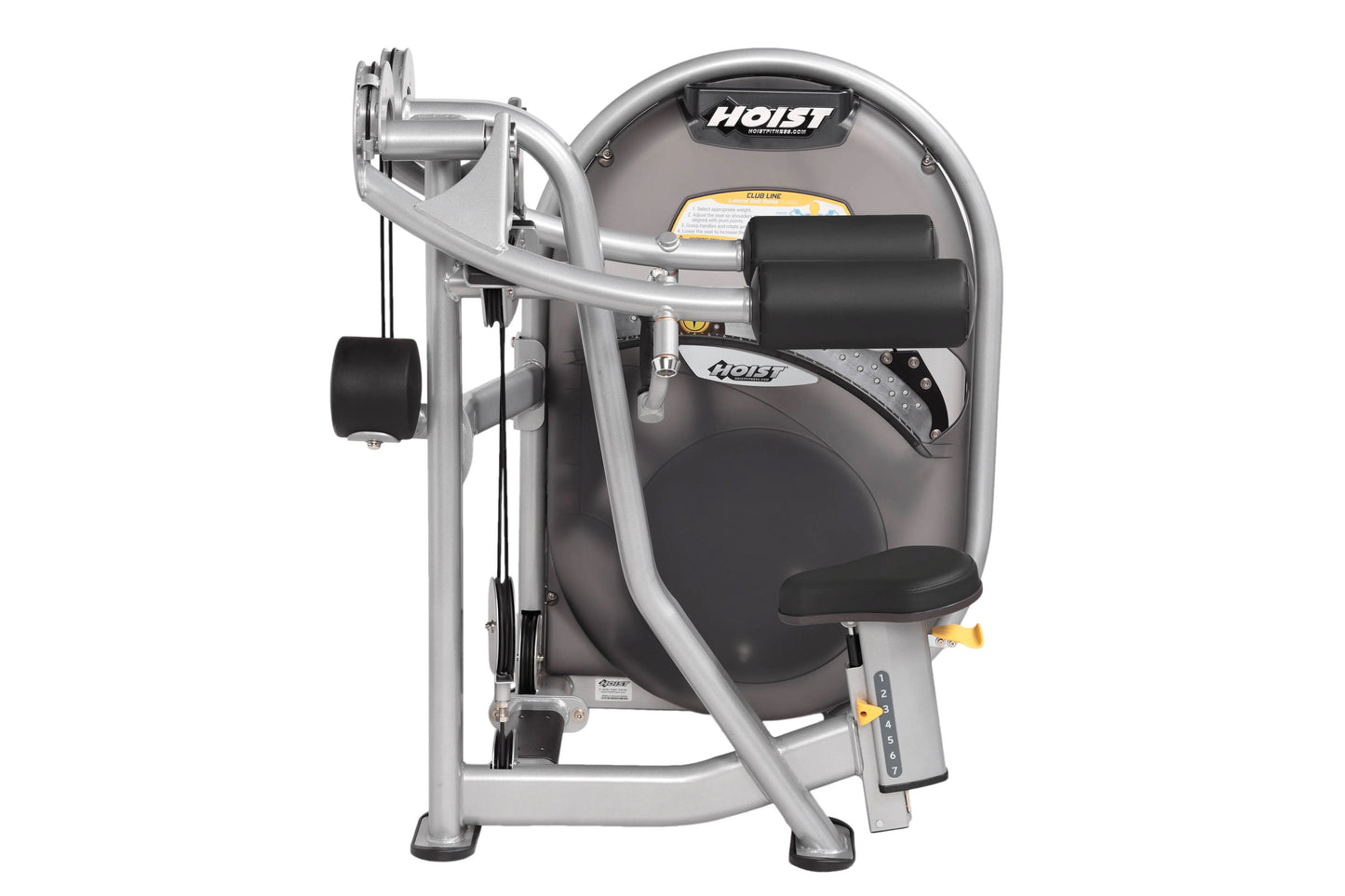 Hoist Lateral Raise CL-3502 commercial gym machine with gray frame, black seat, and overhead arm lever on white background