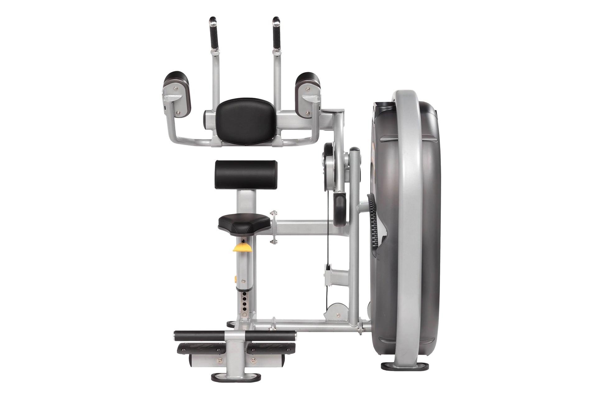 Hoist Club Line Abdominals Machine with gray frame, black padded seat and backrest, dual handles, and large silver weight sta