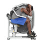 Man using Hoist Club Line abdominal machine with gray and white frame, performing seated crunch exercise
