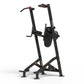 Black vertical leg raise and pull-up assist machine with red grip handles and adjustable knee pad, on white background