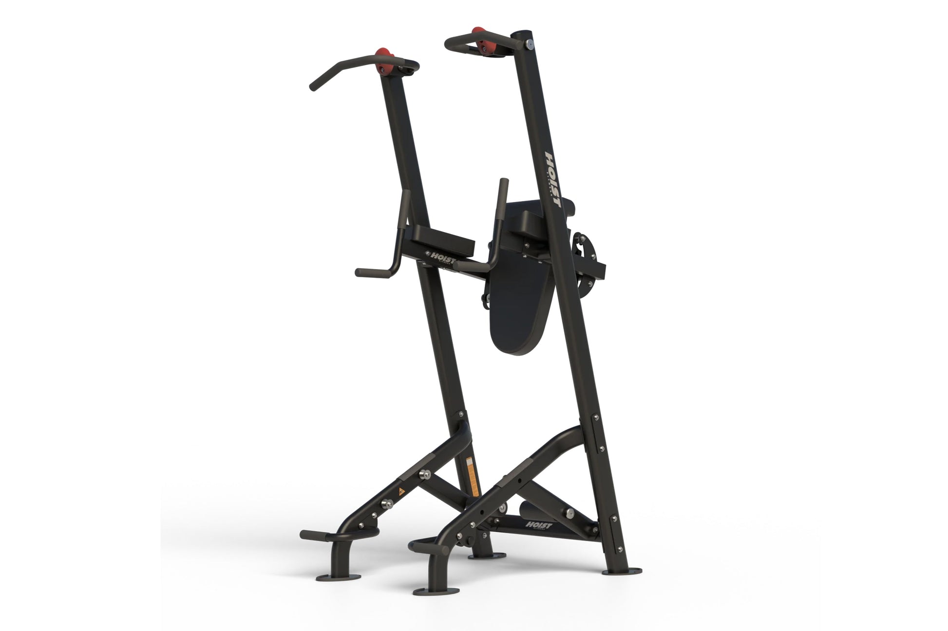Black vertical leg raise and pull-up assist machine with red grip handles and adjustable knee pad, on white background