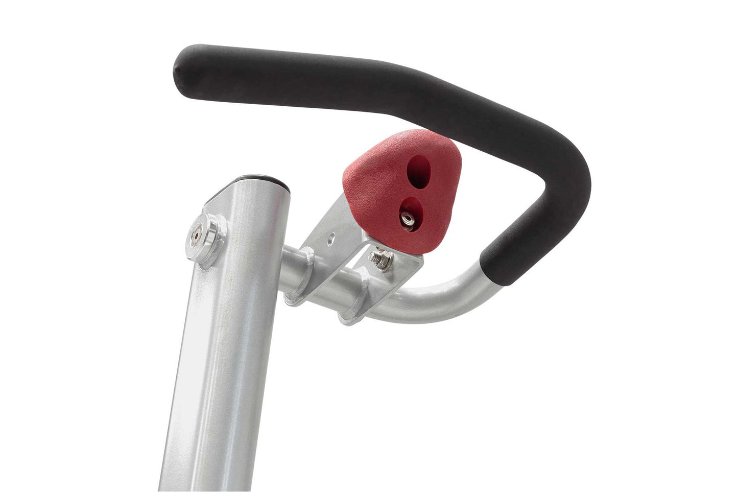 Hoist Fitness Tree exercise machine handlebar with black curved grip and red cushioned attachment on silver metal frame, whit
