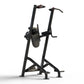 Black vertical leg raise and pull-up machine with dual stations, footrest, and handlebar grips on white background
