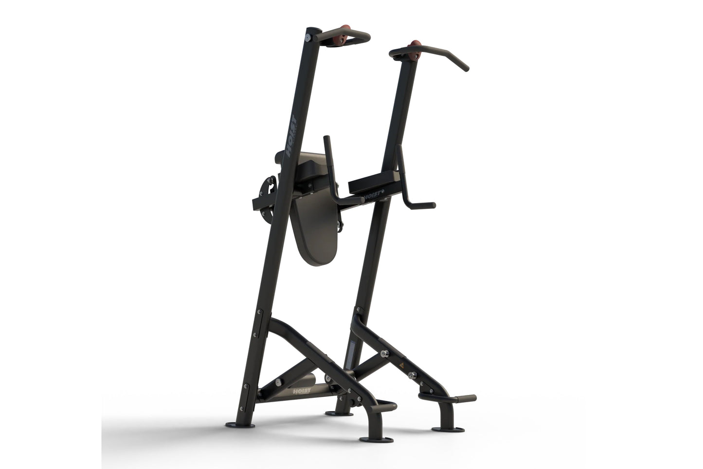 Black vertical leg raise and pull-up machine with dual stations, footrest, and handlebar grips on white background