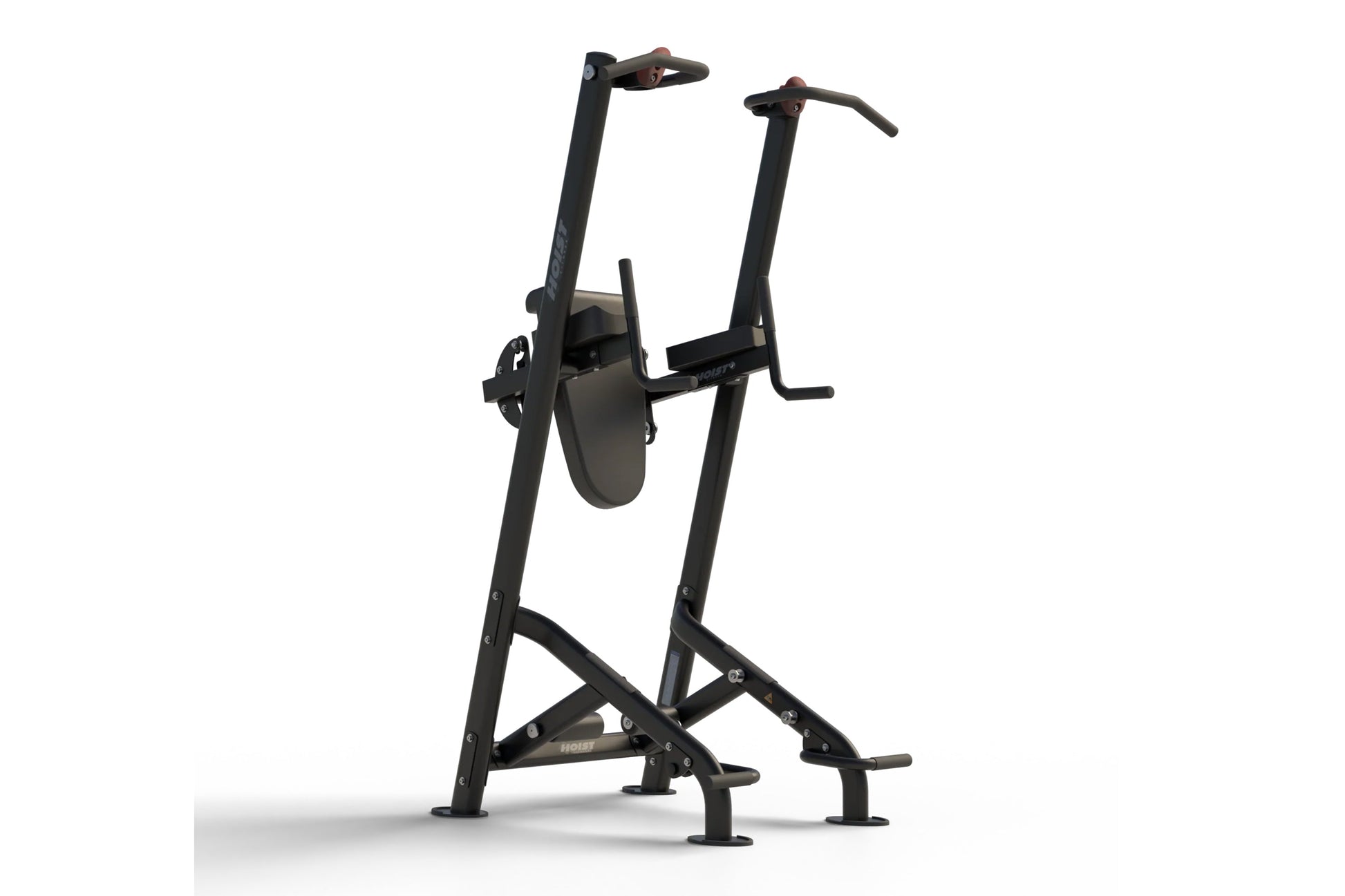 Black vertical leg raise and pull-up machine with dual stations, footrest, and handlebar grips on white background