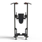 Black and red vertical leg press machine with dual handlebar grips and padded seat, on white background