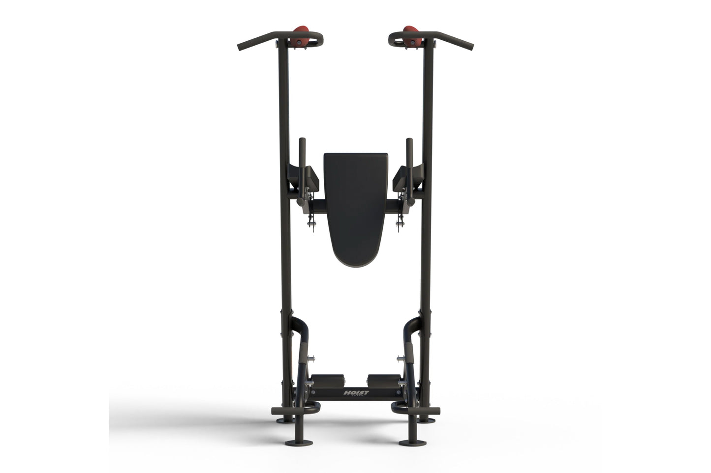 Black and red vertical leg press machine with dual handlebar grips and padded seat, on white background