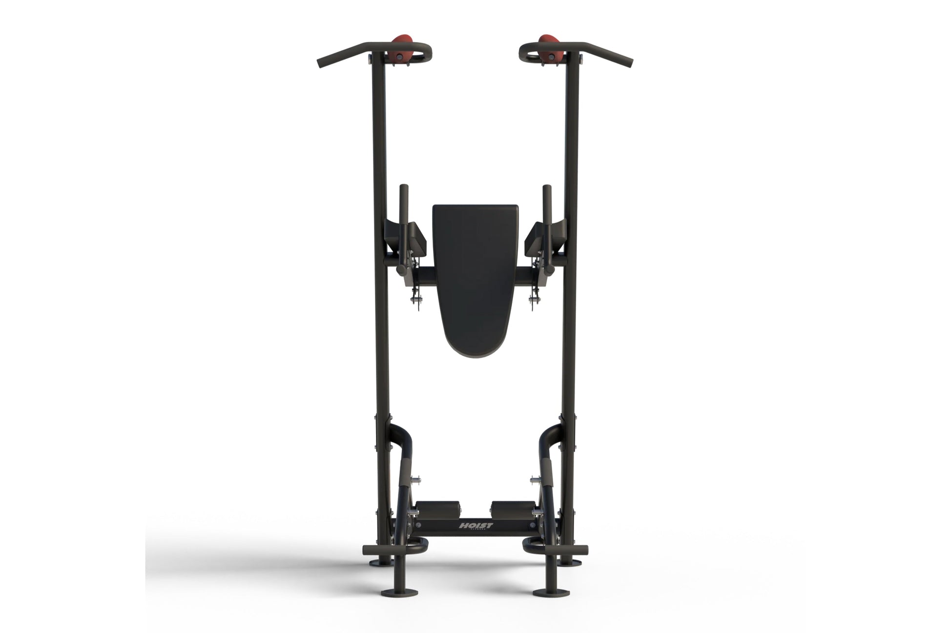Black and red vertical leg press machine with dual handlebar grips and padded seat, on white background