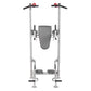 Hoist Fitness Tree leg press and abdominal machine with silver frame, gray seat, red handles, and dual foot platforms, front 
