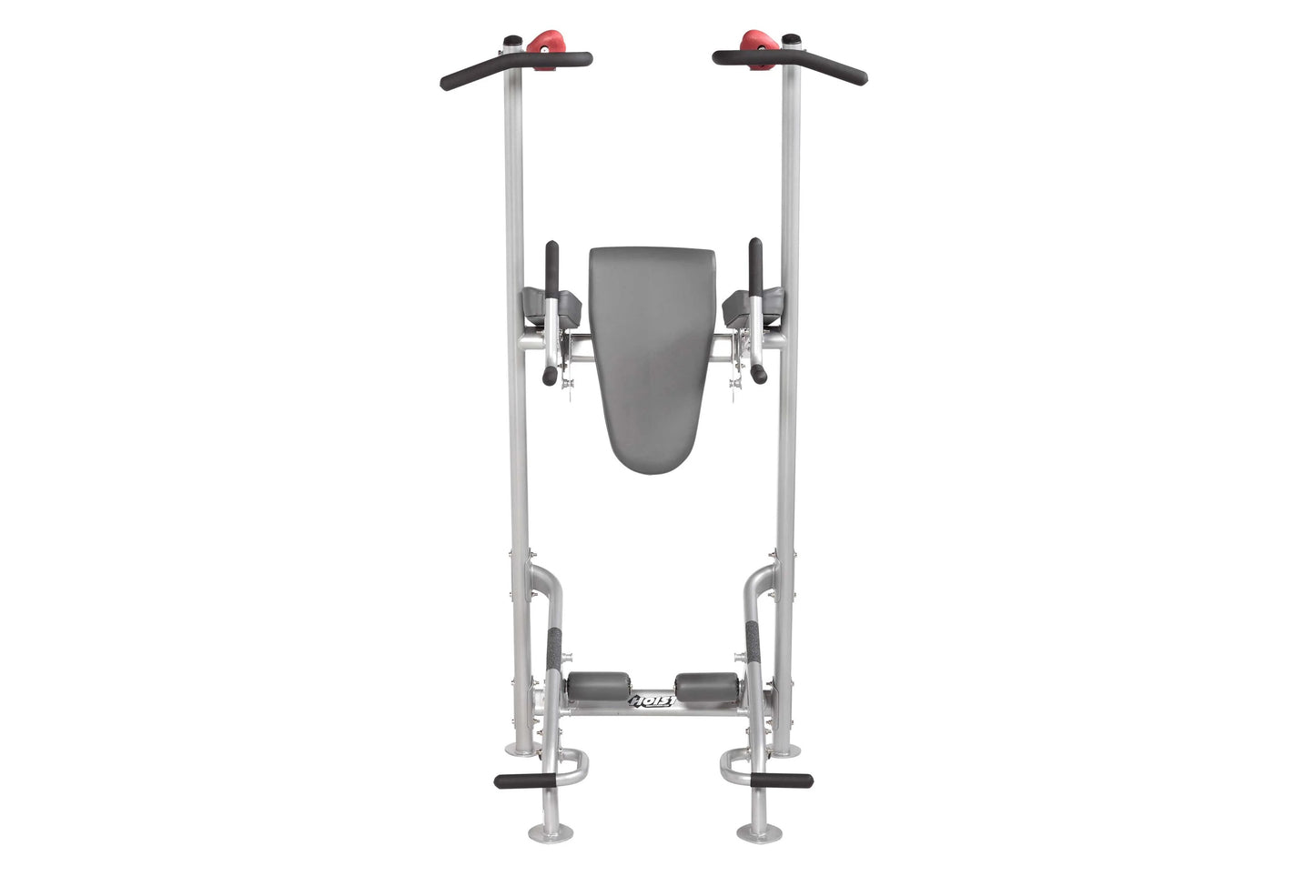 Hoist Fitness Tree leg press and abdominal machine with silver frame, gray seat, red handles, and dual foot platforms, front 