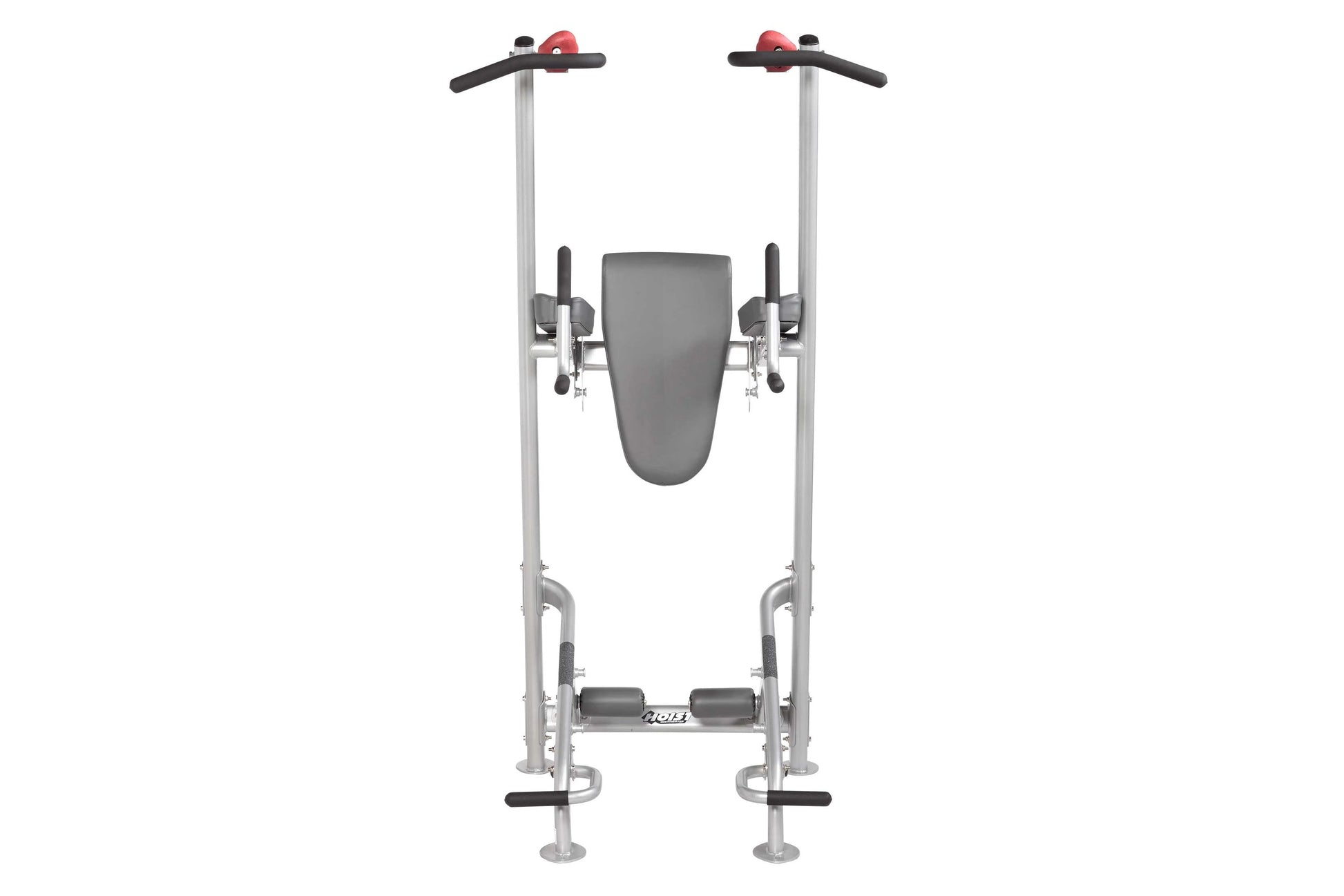 Hoist Fitness Tree leg press and abdominal machine with silver frame, gray seat, red handles, and dual foot platforms, front 