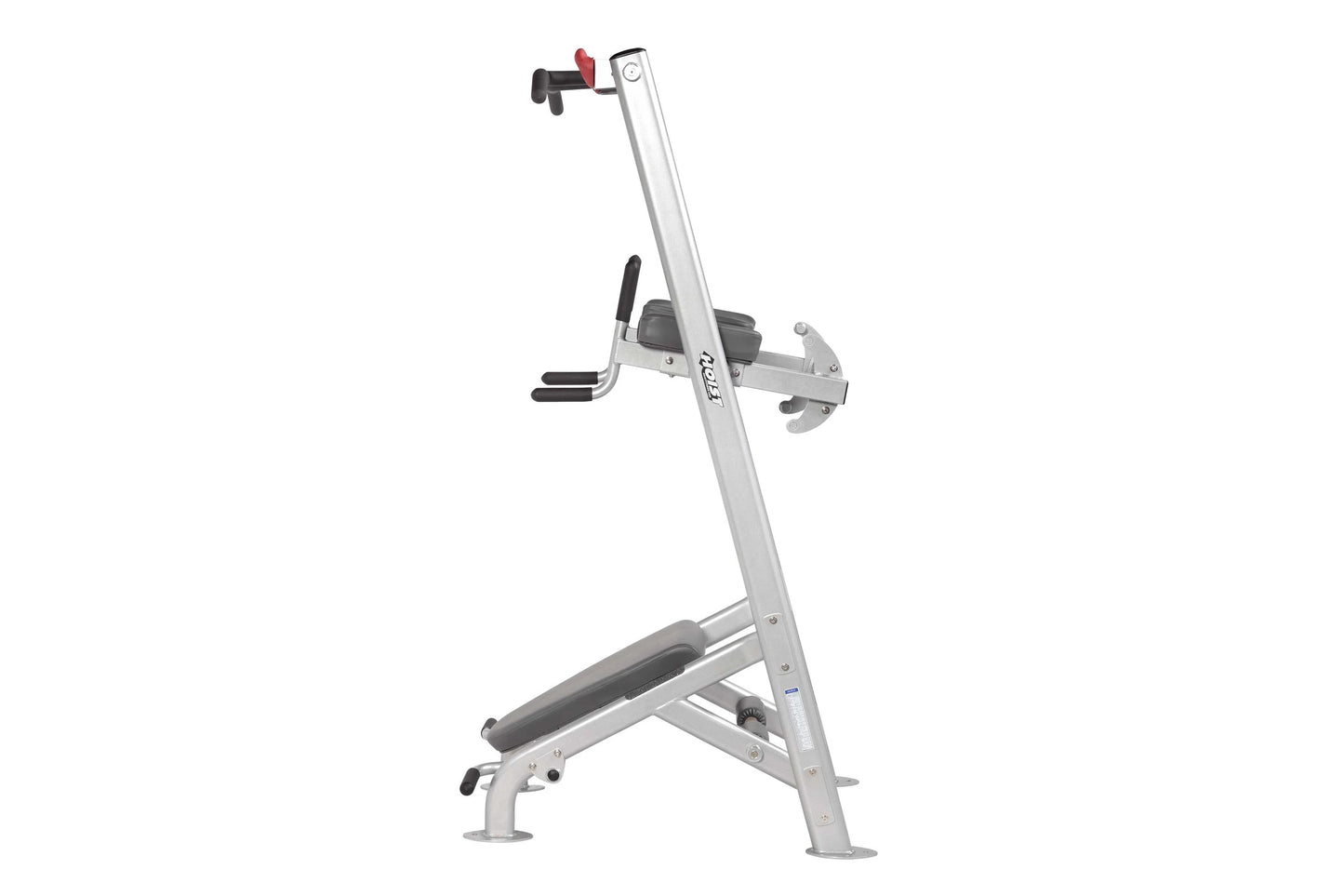 Silver and black leg press machine with adjustable seat, foot platform, and vertical frame on white background