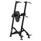 Black vertical leg raise machine with red handles and foot platform, on white background