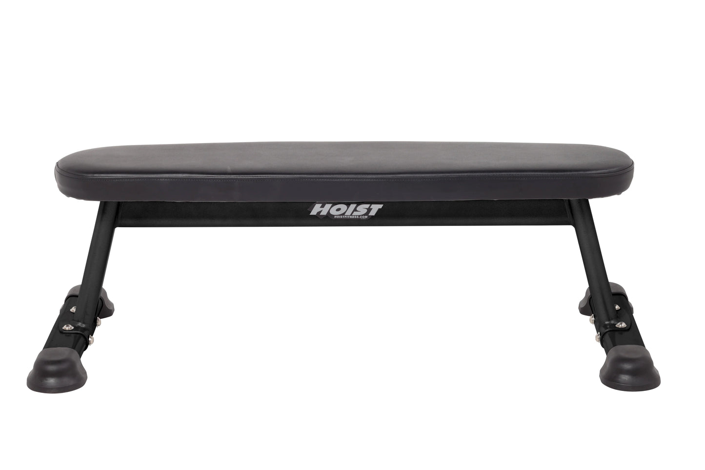 Hoist flat utility bench with black padded seat, metal frame, and rubber feet on white background