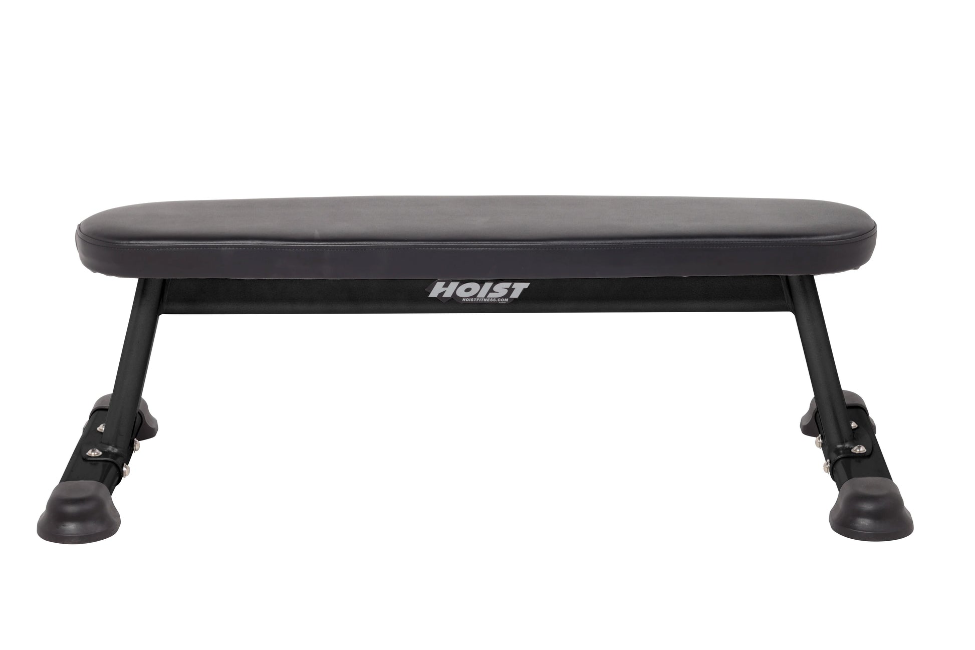 Hoist flat utility bench with black padded seat, metal frame, and rubber feet on white background