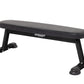 Black flat utility bench with padded seat, metal frame, and suction cup feet on white background